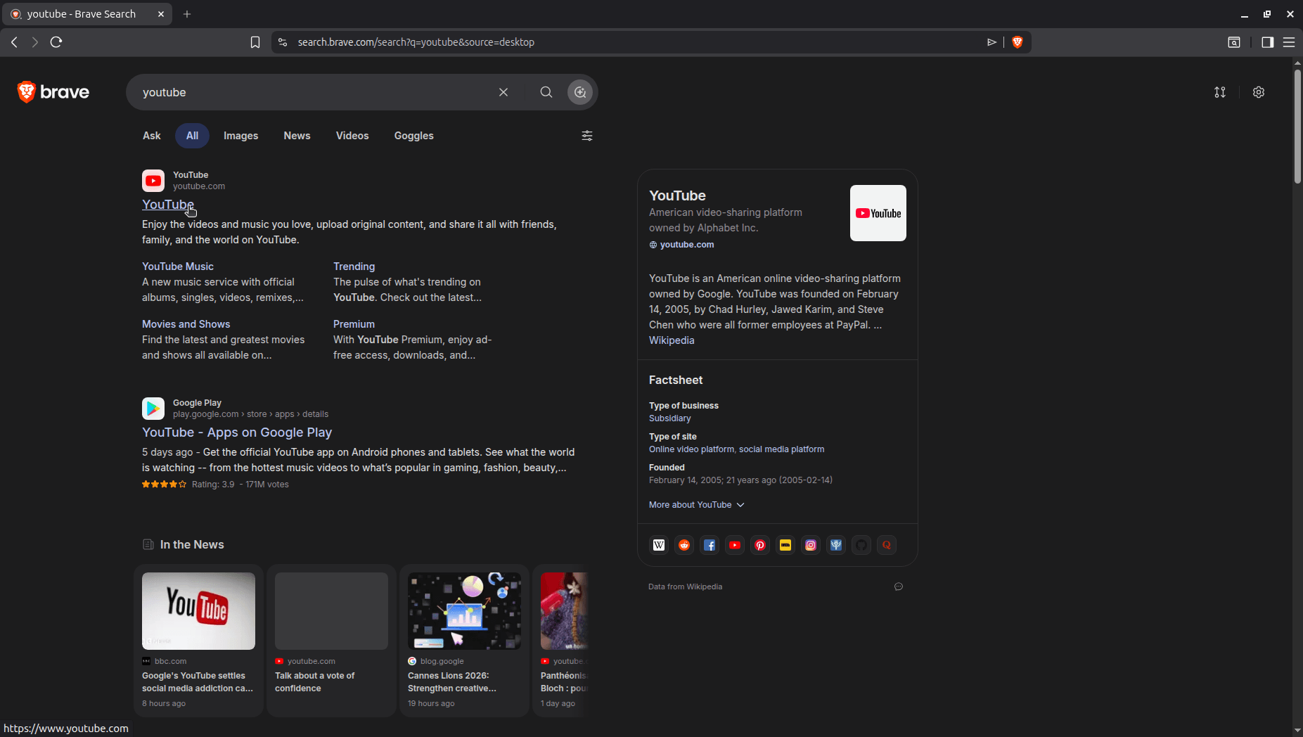this picture shows the default search engine on brave origin (brave search) being used to search for youtube