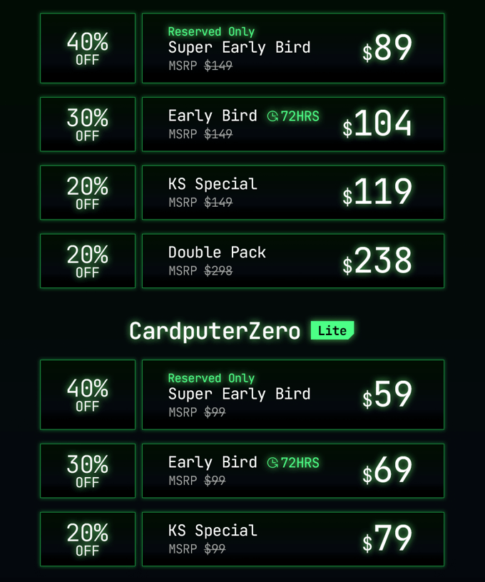 a black/green themed illustration that shows the pricing structure for the cardputerzero standard and lite