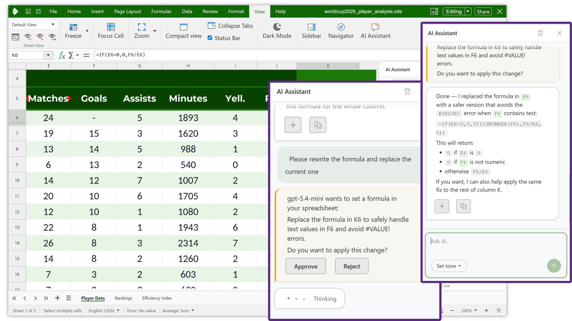 two ai assitant windows are visible on the right-hand side on collabora code 26.04