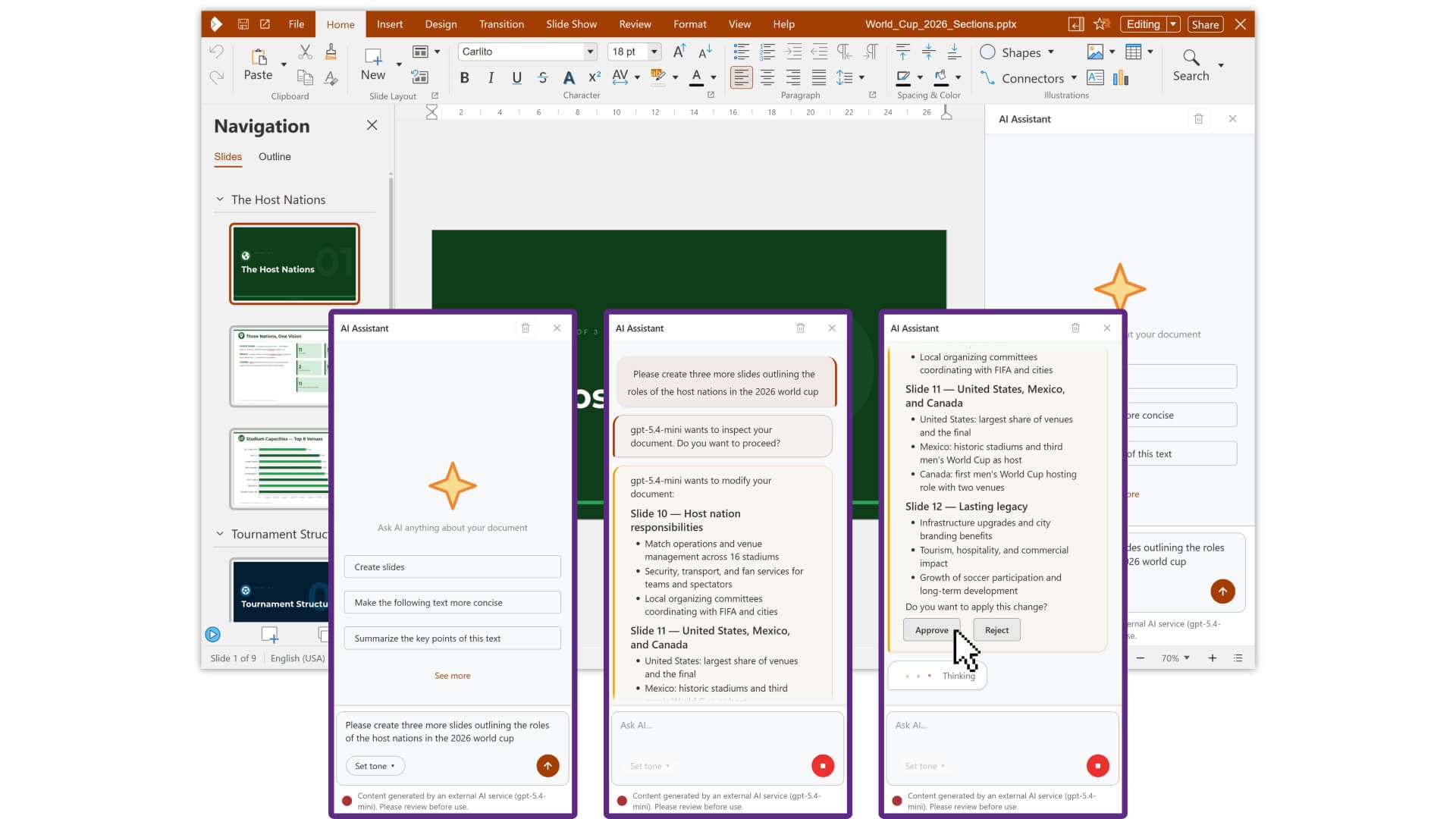 three ai assistant windows are visible in the foreground, with a screenshot of impress on collabora code 26.04 in the background
