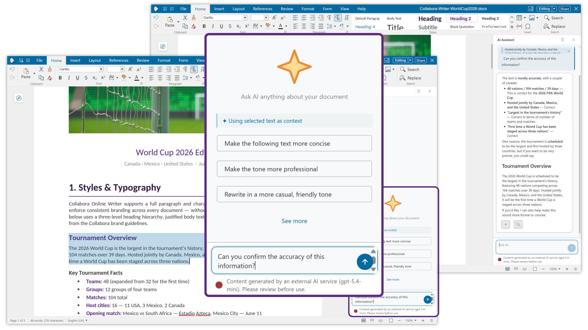 the ai assistant window is in focus in the middle, and behind two screenshot of writer on collabora code 26.04 are visible