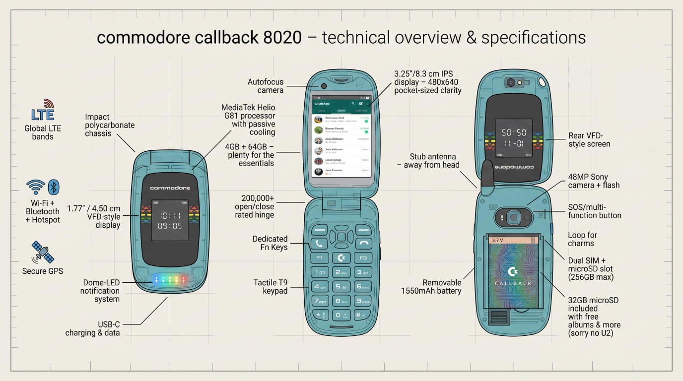 an illustration that showcases the specifications and internals of the commodore callback 8020