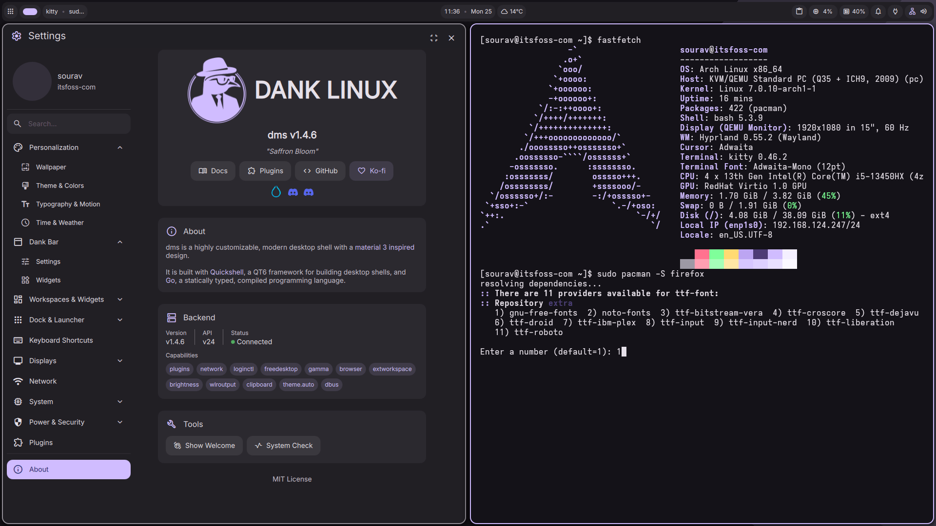 dank linux settings menu about page (left), fastfetch output (right)