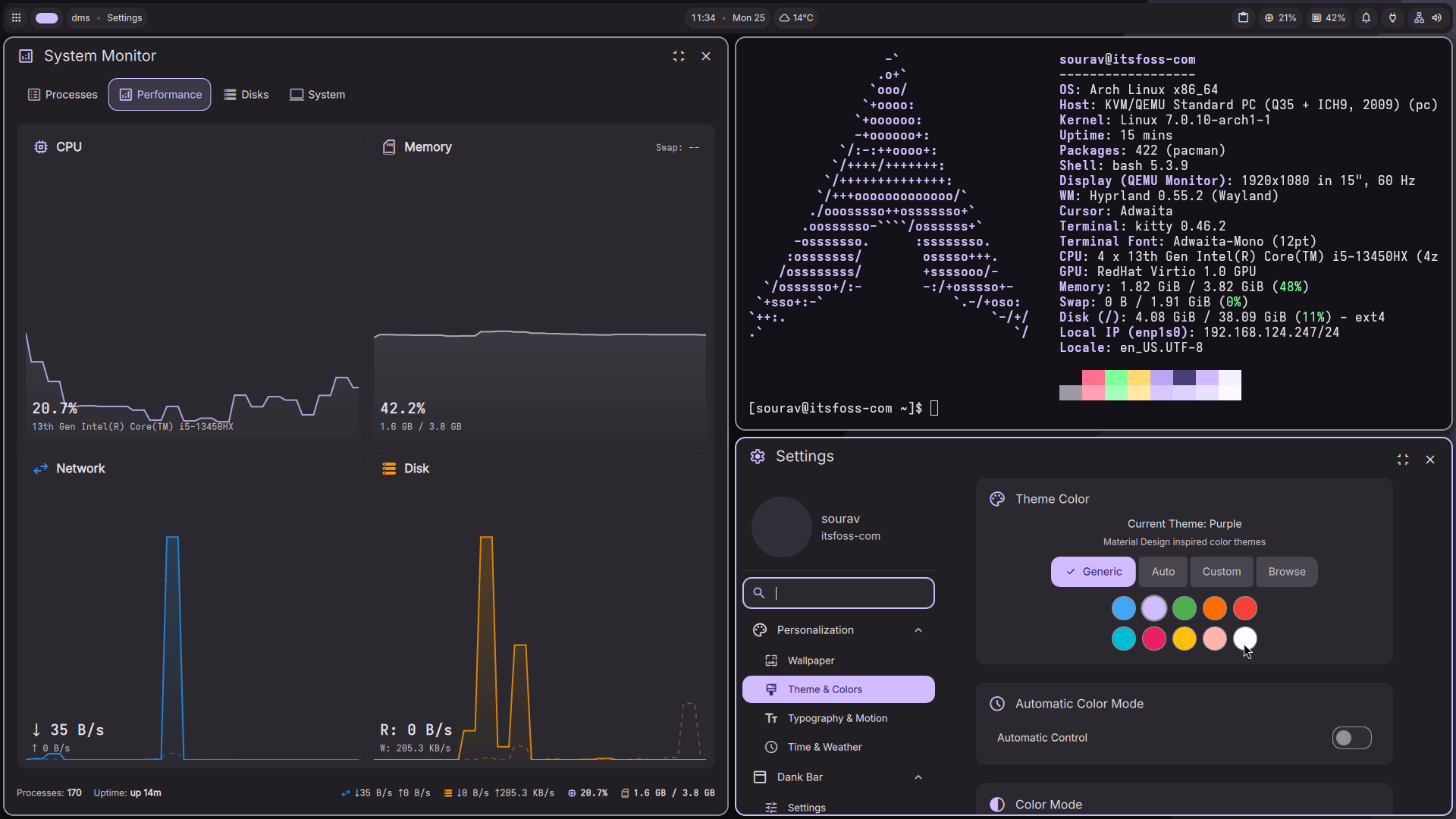 this screenshot shows three app windows tiled on a dank linux system, on the left is the system monitor, and on the right are the terminal window with fastfetch output and the settings menu with the themes & colors page open