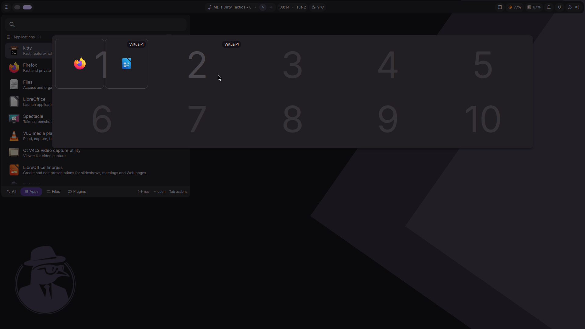 this picture shows the workspaces interface on dank linux, with up to 10 virtual desktops being available for creation