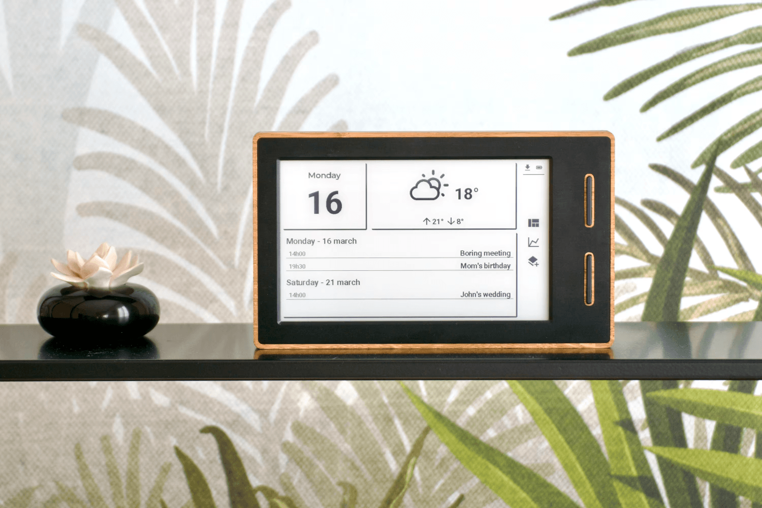 this graphics illustration shows an ekos epaper dashboard device sitting on a desk