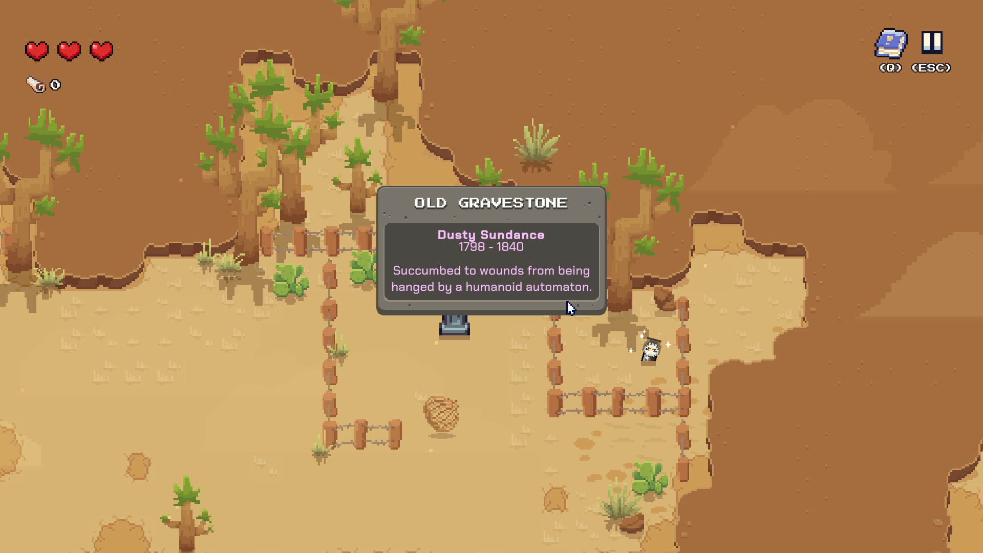 a scene from the guncrypt game is shown here, where an old tombstone for someone named dusty sundance is shown, they passed away due to a robot