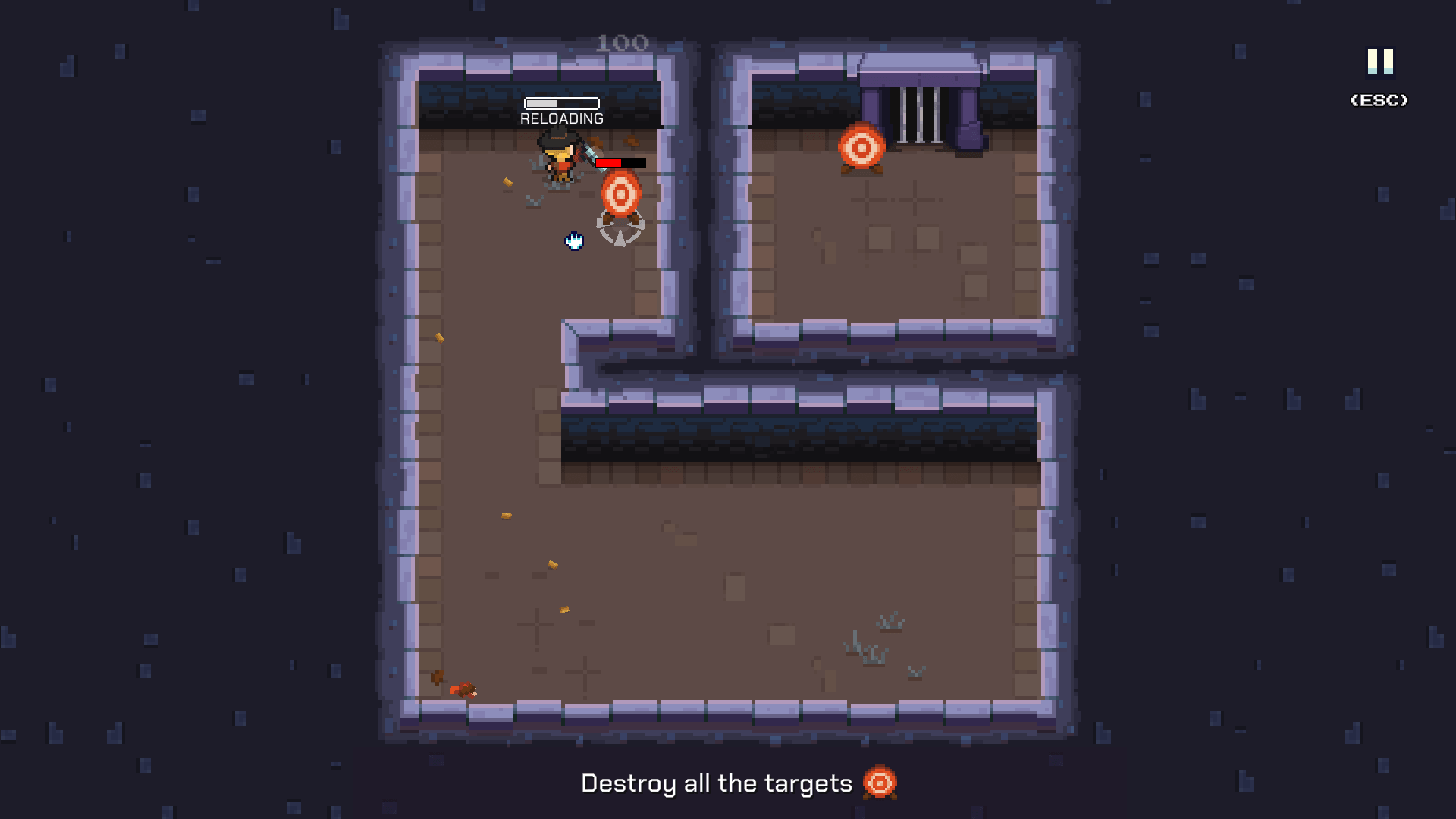 screenshot that shows a dungeon with the player busy shooting at a stationary target