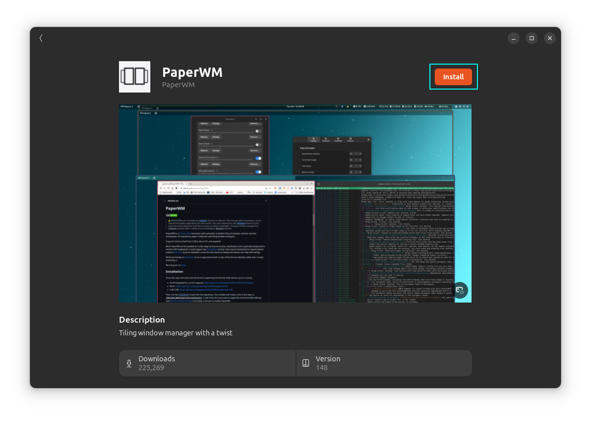 Install PaperWM Desktop using the GNOME Shell Extension Manager Application