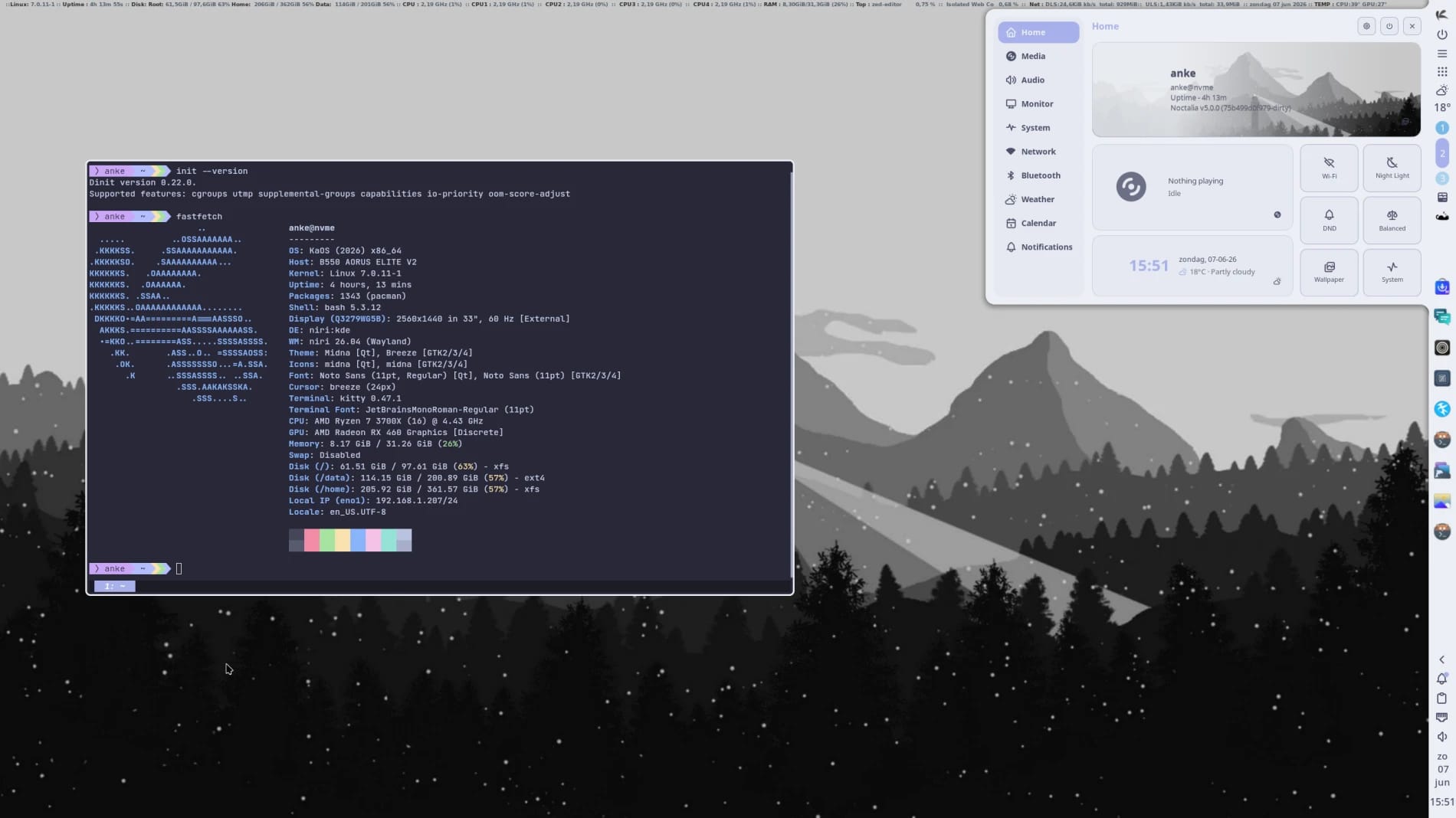screenshot that shows the desktop view of kaos dinit 2026.06 rc with a terminal window on the left with a fastfetch output, a settings panel on the right with many options visible