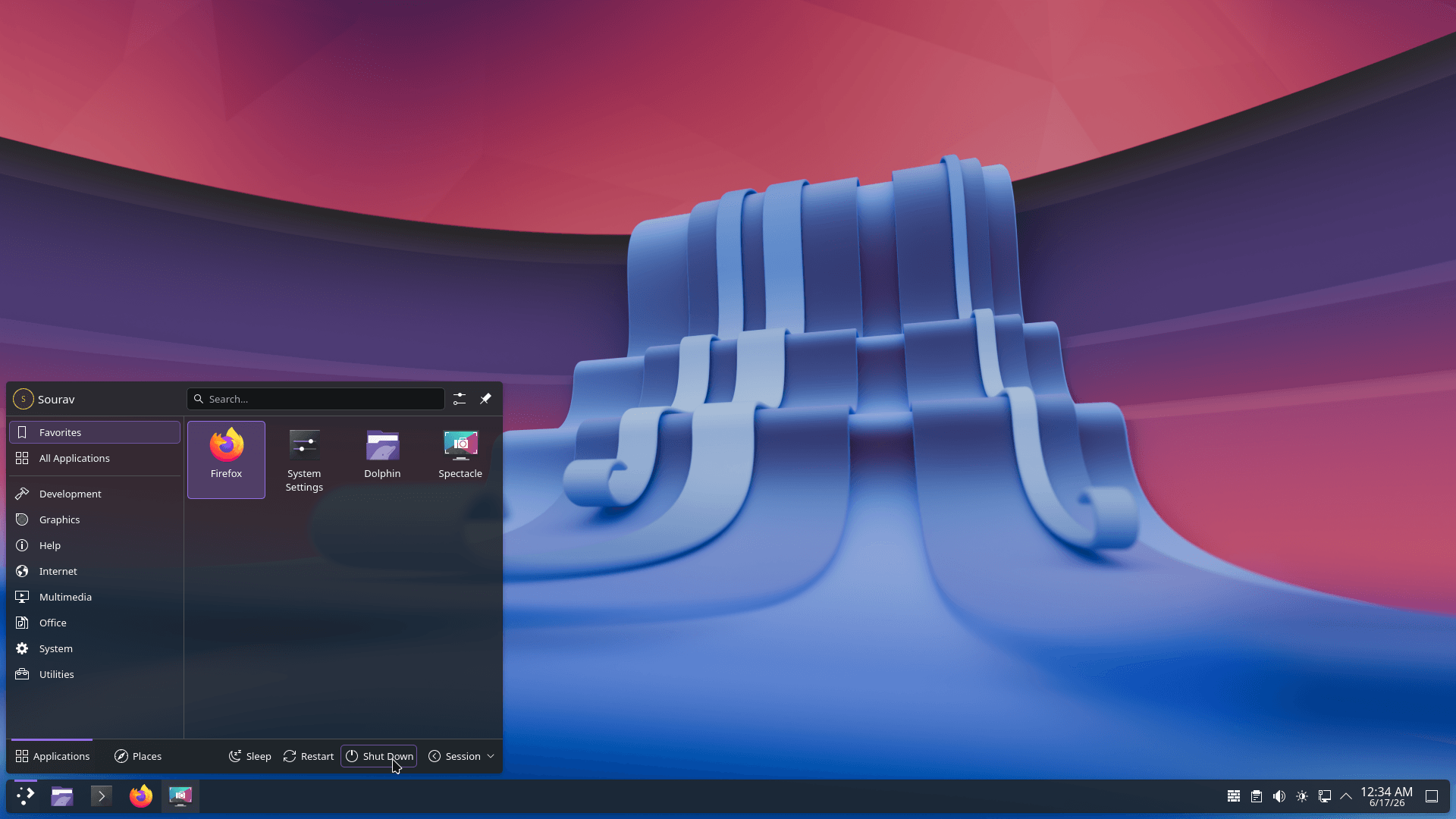 screenshot that showcases the desktop view of kde plasma on an endeavouros installation, with the app launcher open on the left-hand side with apps like firefox, system settings, dolphin, and spectacle visible
