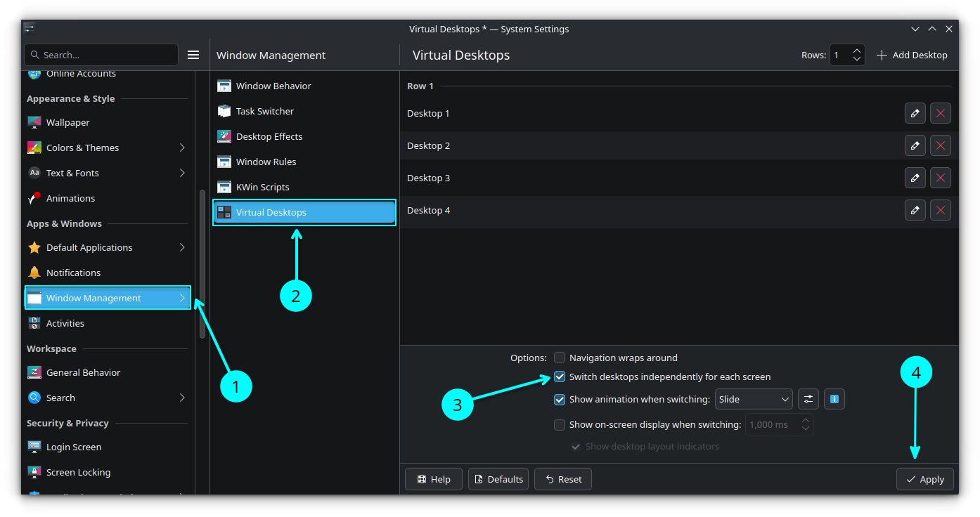 kde per display workspace setting tip