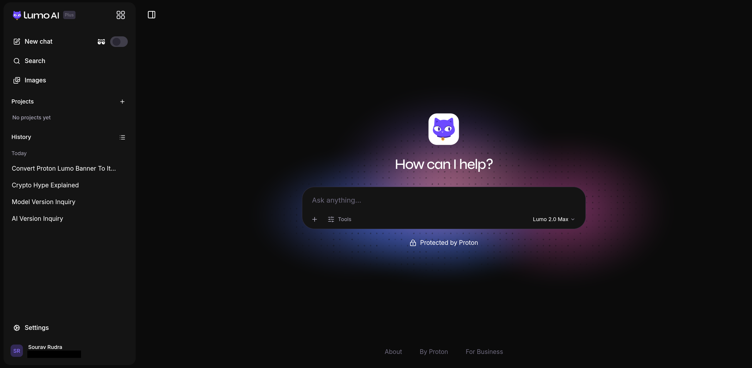 the proton lumo ai assistant interface is shown here with the lumo 2.0 max model selected