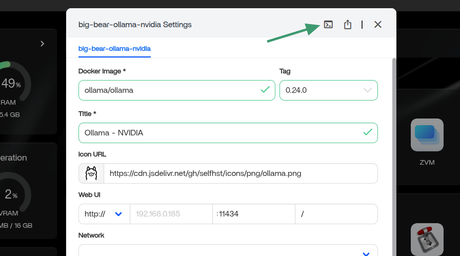 Accessing the terminal for Ollama configuration
