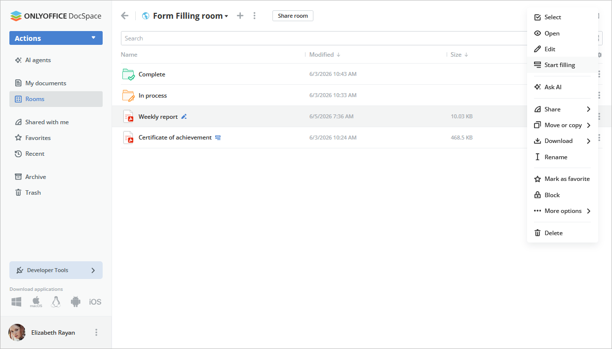 the start filling option in a onlyoffice docspace form filling room is visible inside a right-click menu on the right-hand side