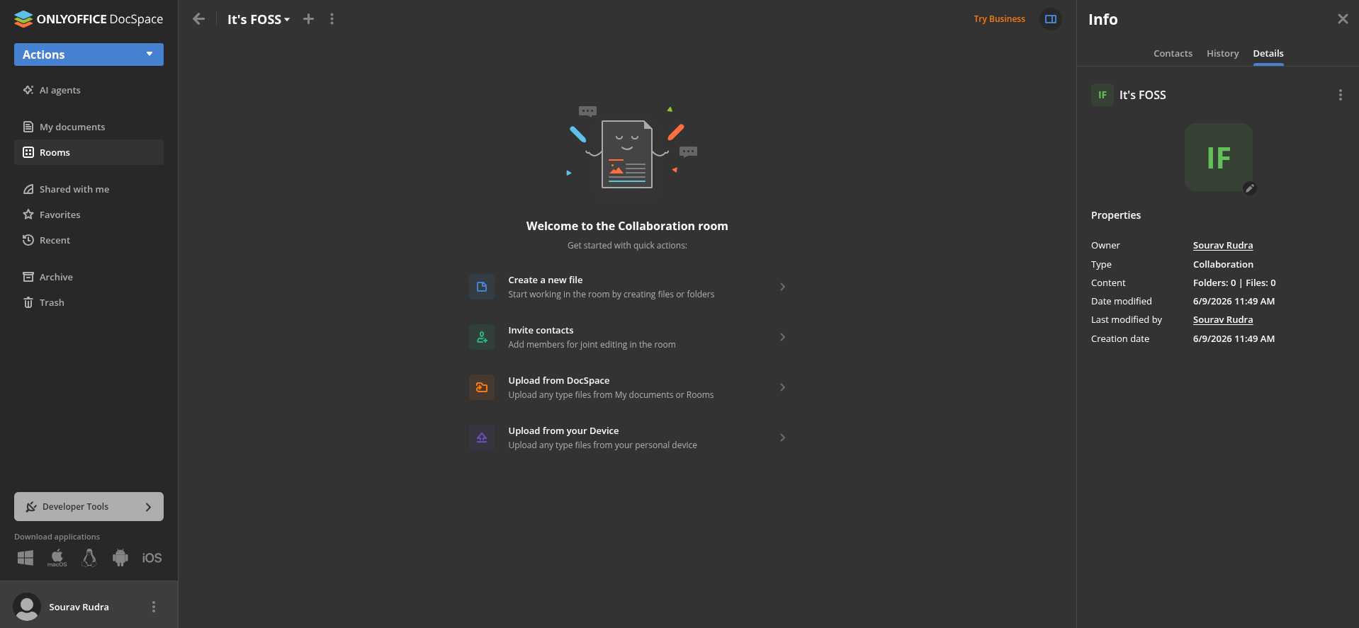 this screenshot shows an onlyoffice docspace collaboration room that is titled "it's foss"