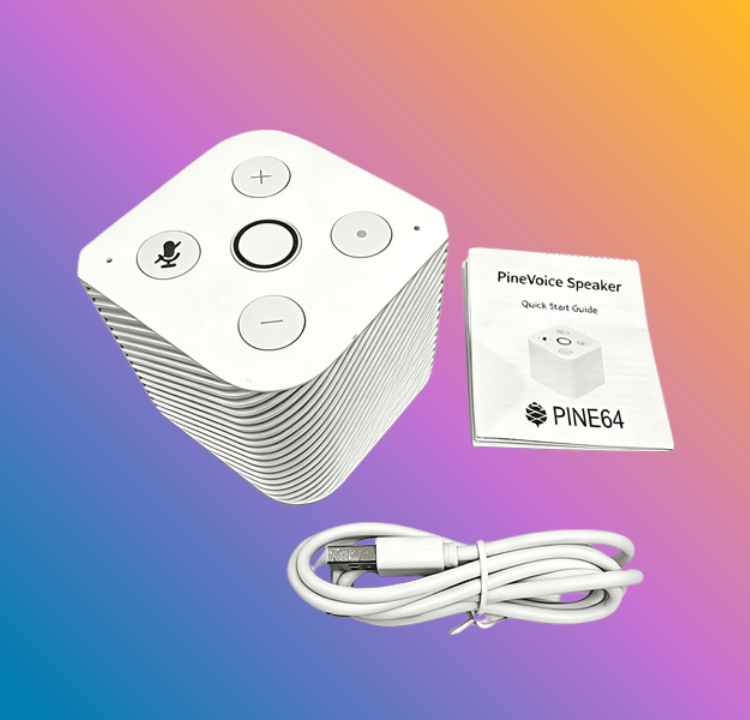 this multi-colored picture shows the box contents of the pinevoice, with the speaker, usb-a to usb-c cable, and a quick start guide
