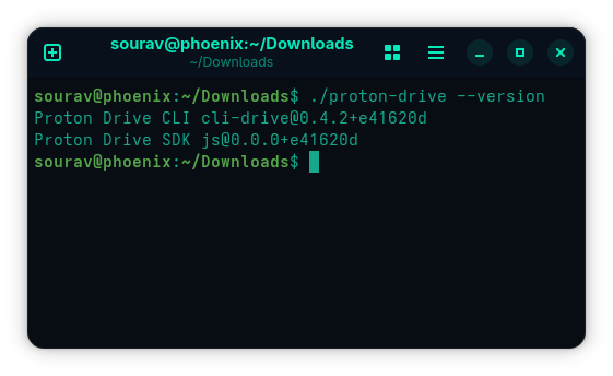 a terminal window that shows the output for the command "./proton-drive --version"