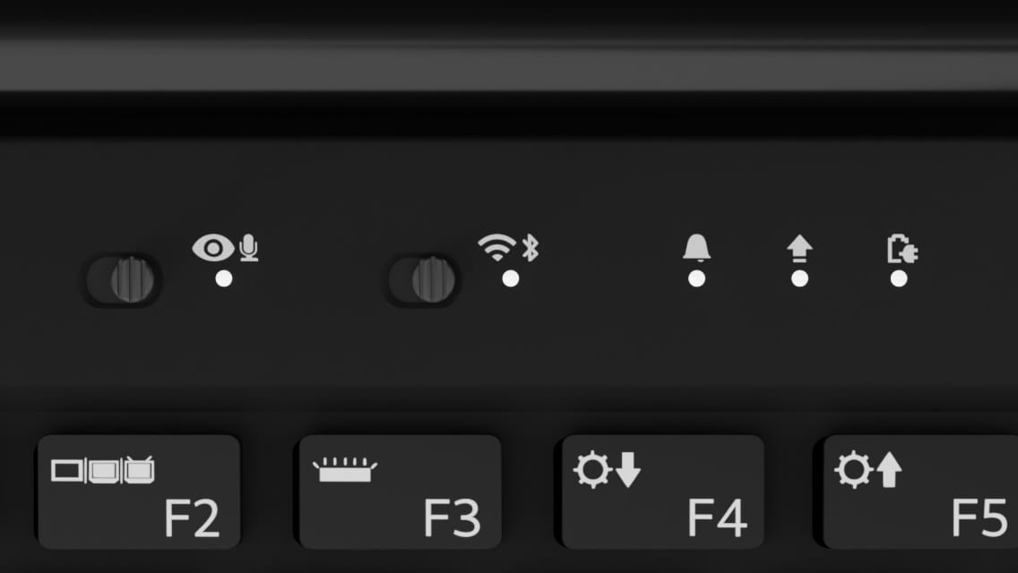 the two hardware kill switches for disabling camera, microphone, wifi, bluetooth are visible on the top-left here