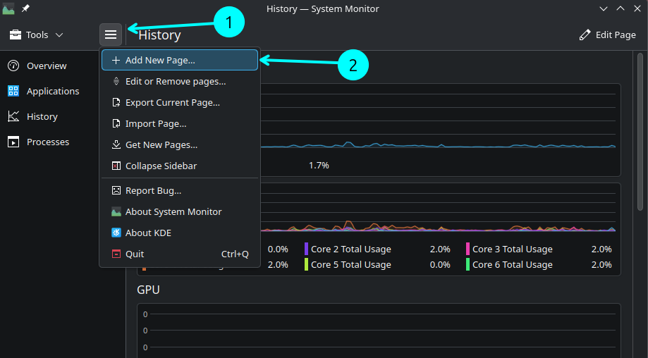 Open the System Monitor menu from the top-left corner and select Add New Page.