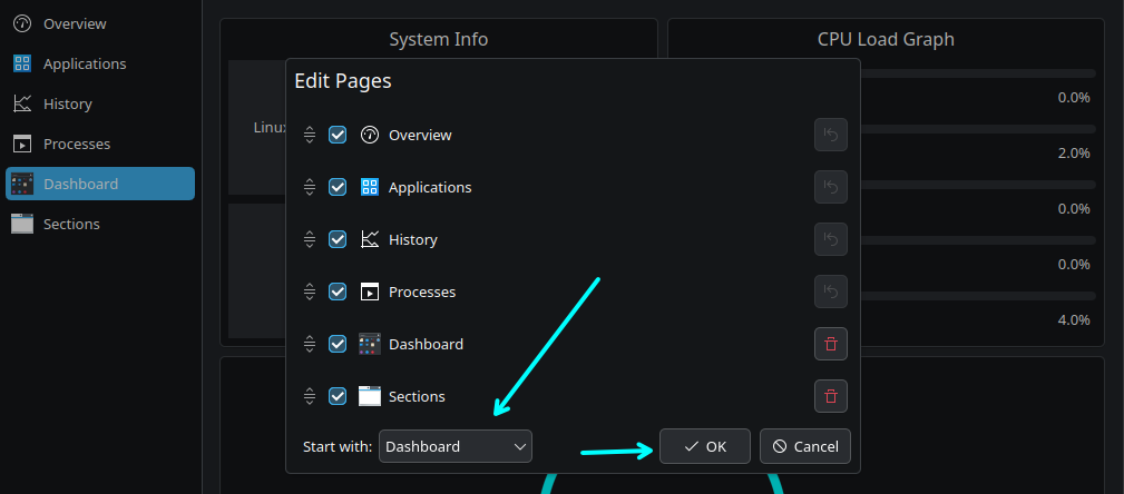 Select a custom page to start the System Monitor with that custom page.