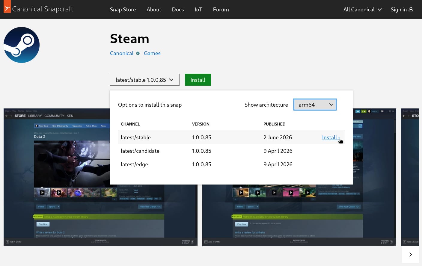 cropped picture that shows the snapcraft website, and a listing for the steam snap with the arm64 architecture packages visible
