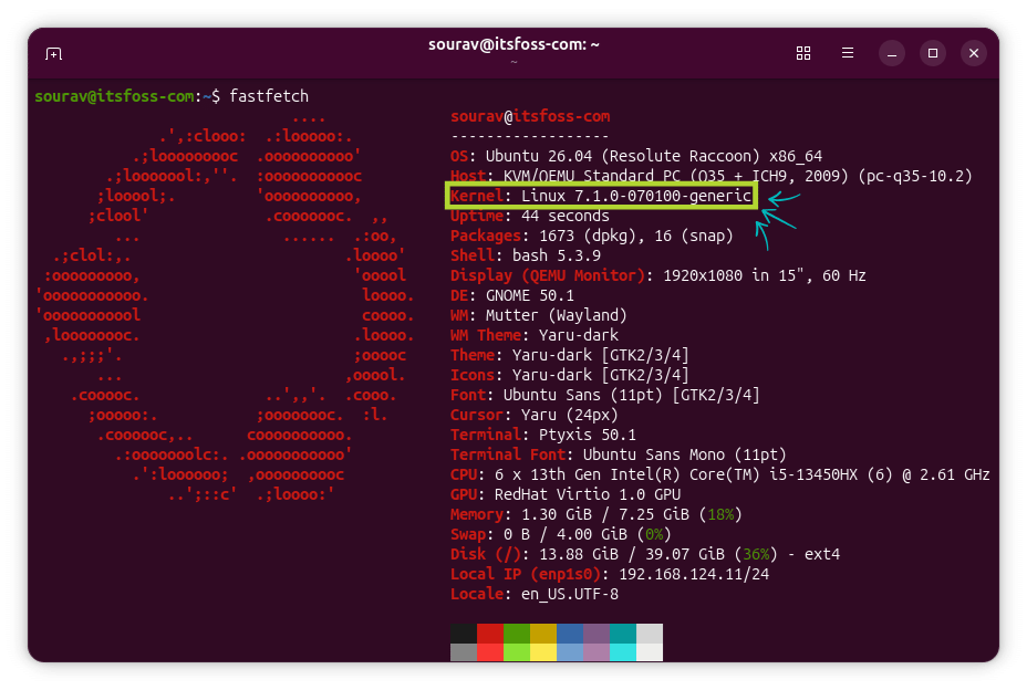 terminal window that is showing the fastfetch output on an ubuntu 26.04 lts system, the line for kernel is highlighted with a green box and blue arrows, inside it linux 7.1.0-070100-generic is written