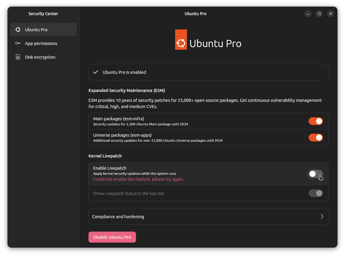 the ubuntu pro section in the security center app for ubuntu