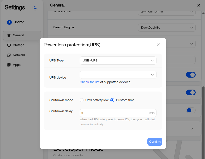 ZimaOS has power setting options for UPS