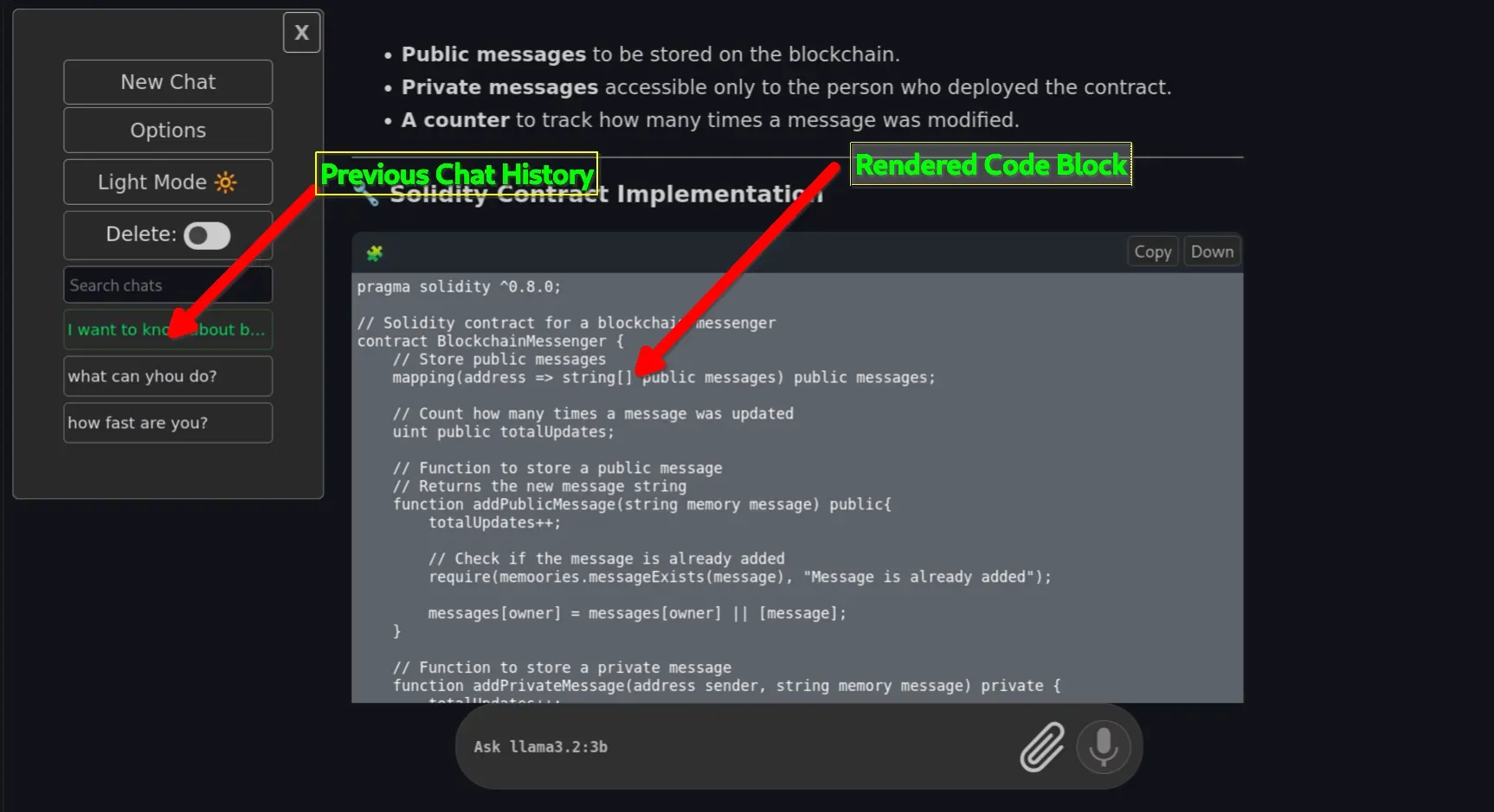 OrionChat- An alternative UI for Ollama showing history saving and code rendering features