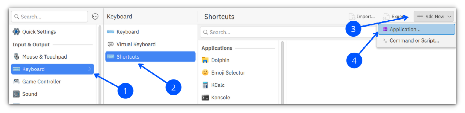 Select Application option from the KDE Plasma Keyboard shortcut settings
