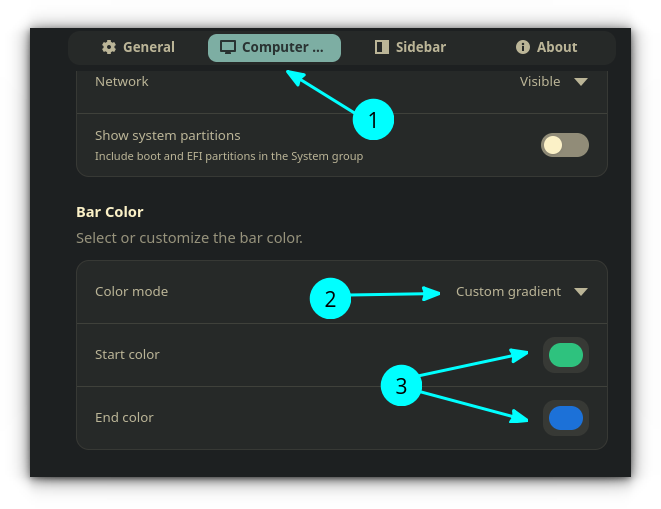 A screenshot showing the color settings in My Computer extension.