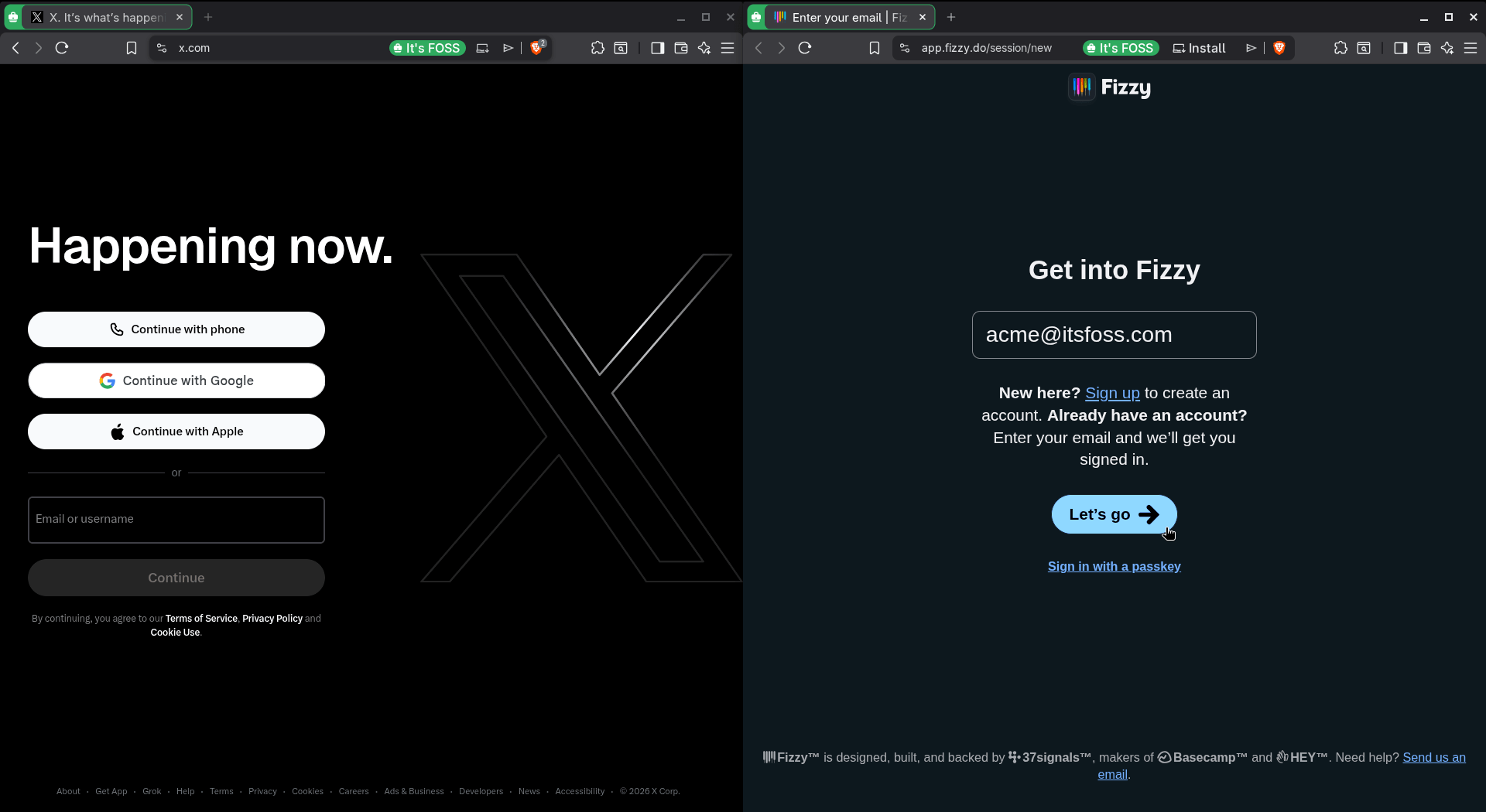 two brave browser windows are shown here side-by-side, one is x.com, the other is fizzy.do, both of these tabs are part of the same container called "it's foss"
