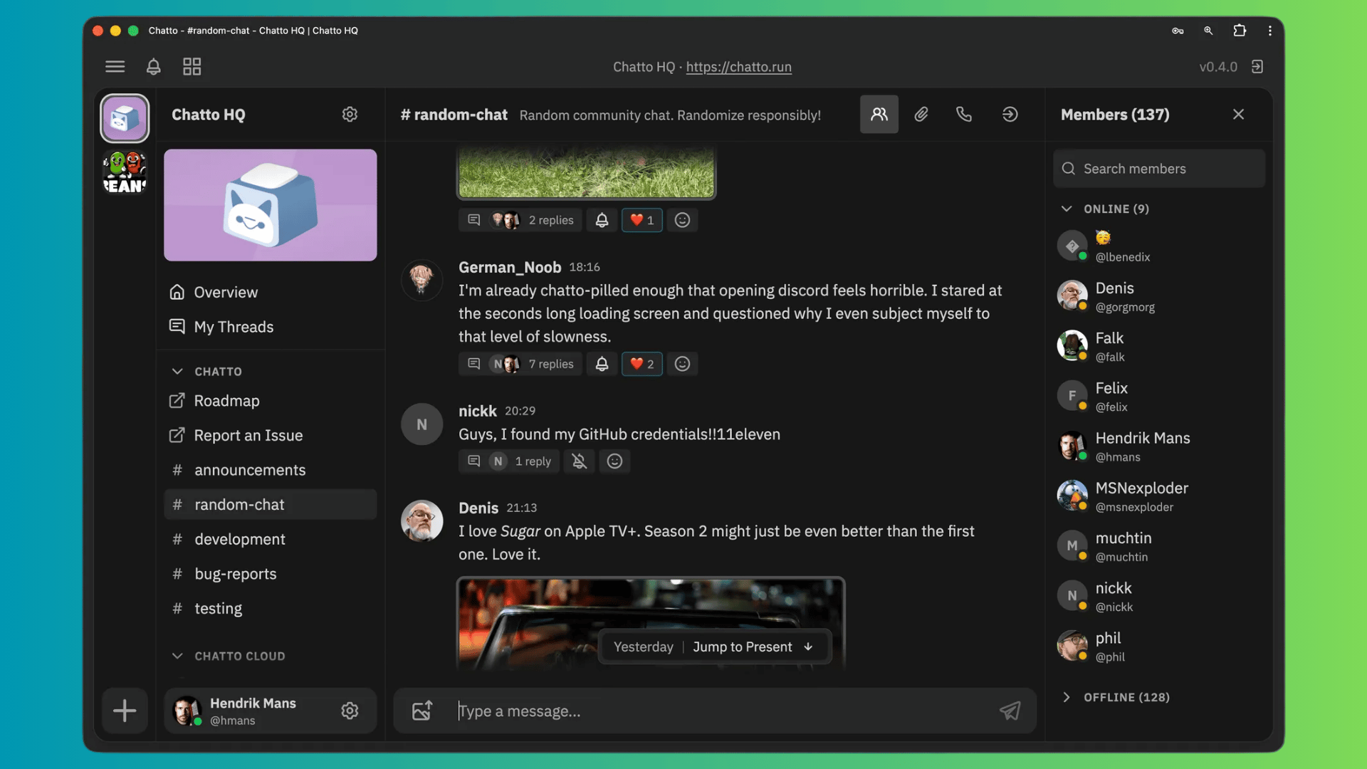 against a mixed green/blue background a chatto client window is visible, with the chatto hq server open, showing channels, messages and users