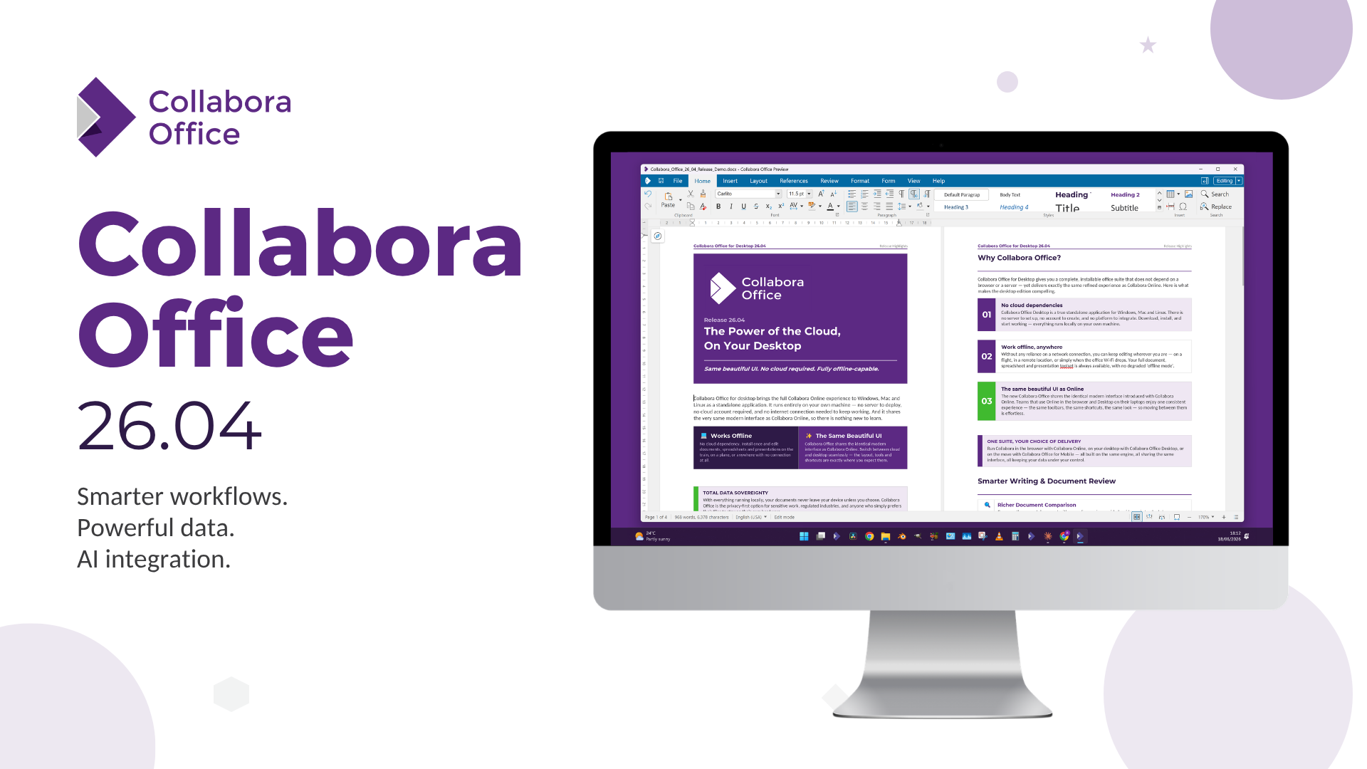 a purple/white-themed banner that shows details on the collabora office 26.04 release