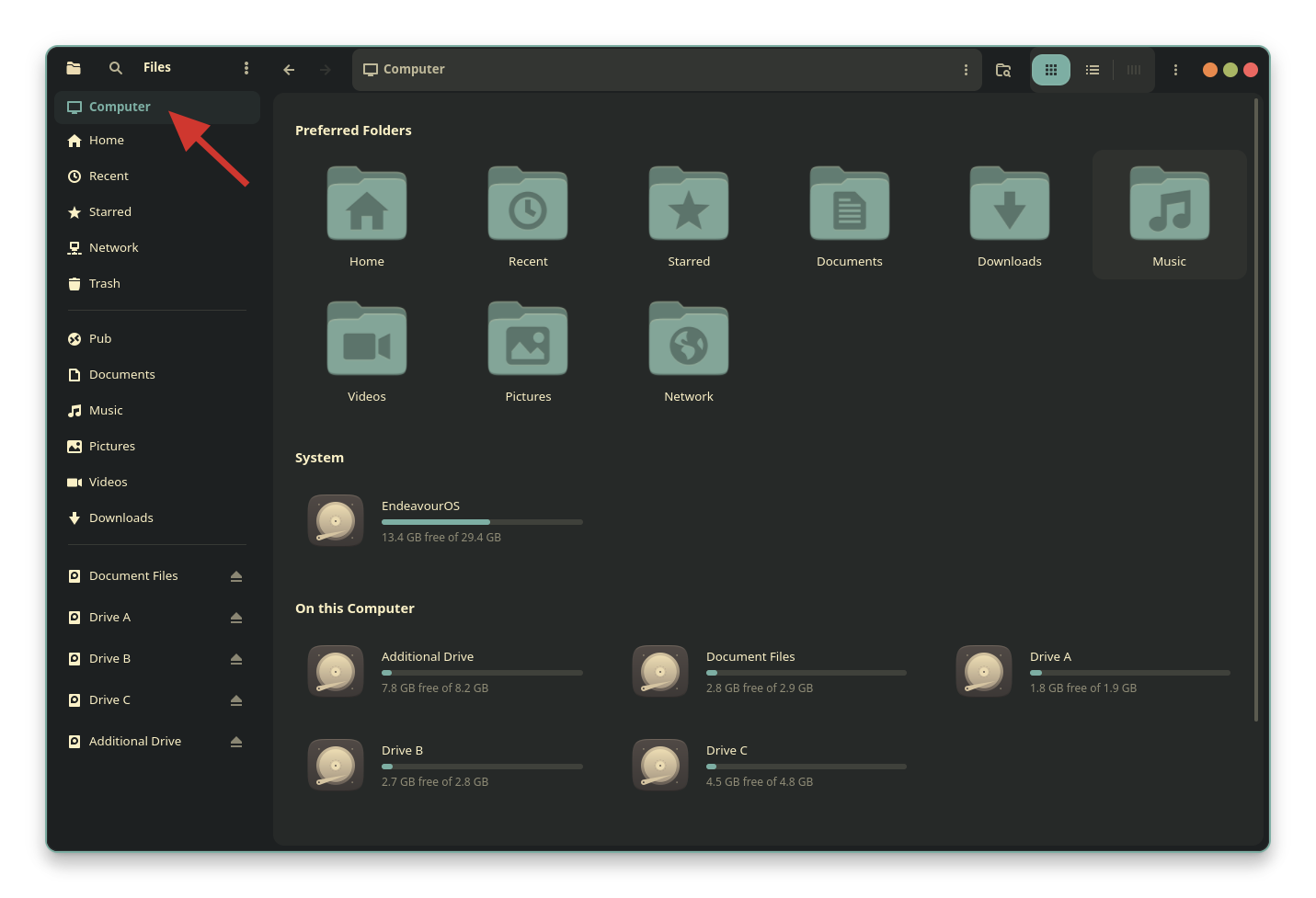 An image showing the My Computer view in Nautilus File Manager