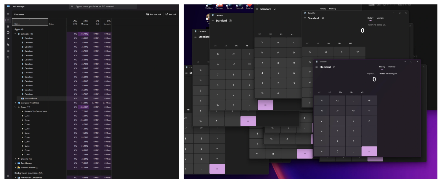 on a windows system, the task manager is shown on the left with many processes visible, on the right are numerous instances of the calculator app being launched by cursor due to a critical flaw