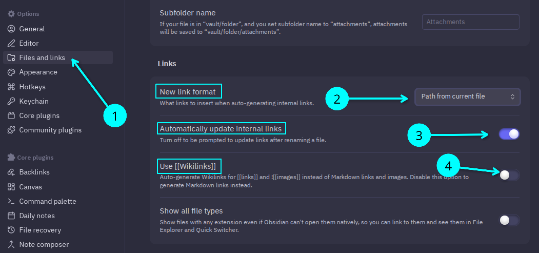 In the Files and links settings of Obsidian, disable the Wikilink feature and enable common Markdown link. This will allow you to create more portable documents.