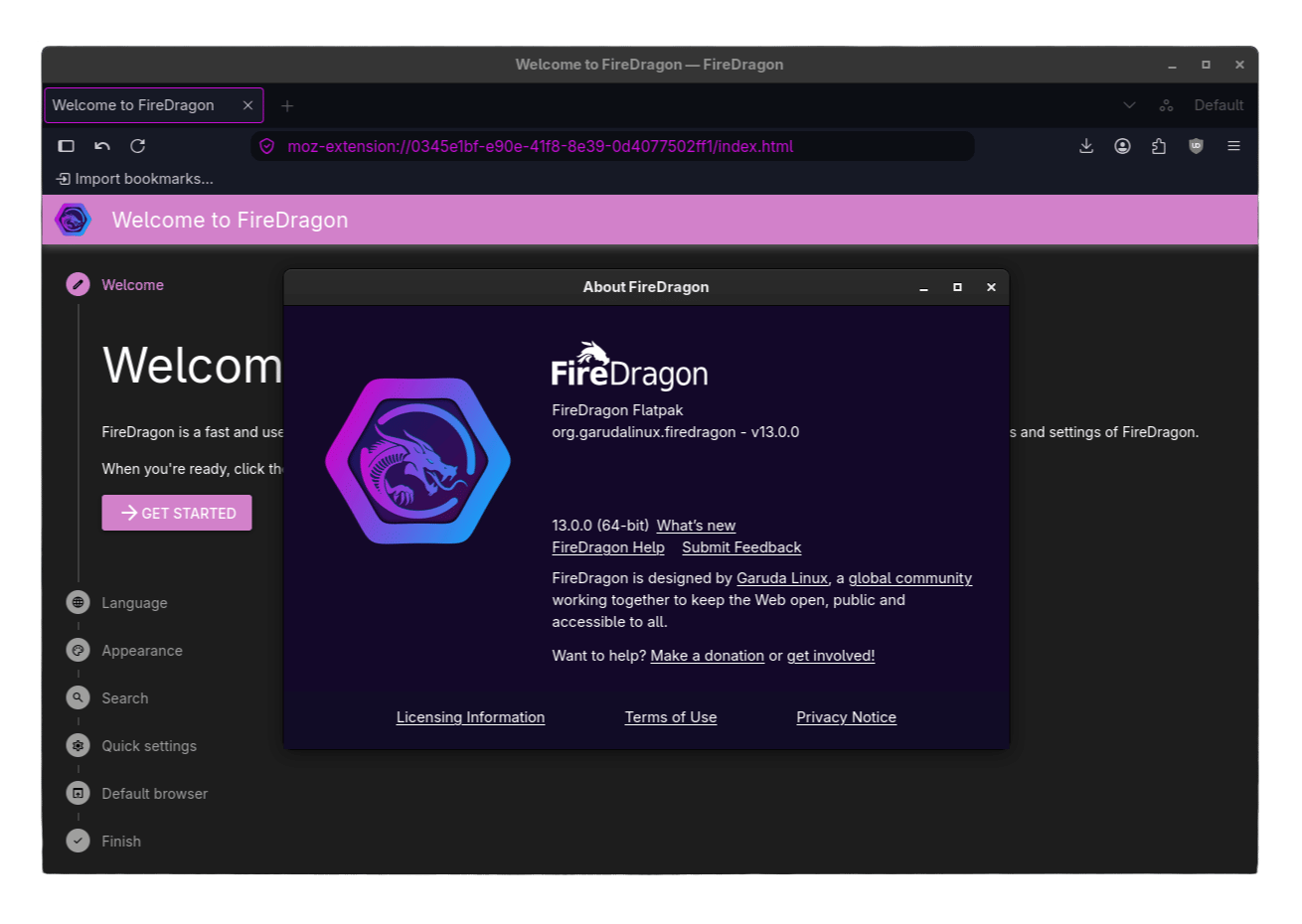 you can see an about page (with lots of text) open for the firedragon web browser with the main browser window in the background