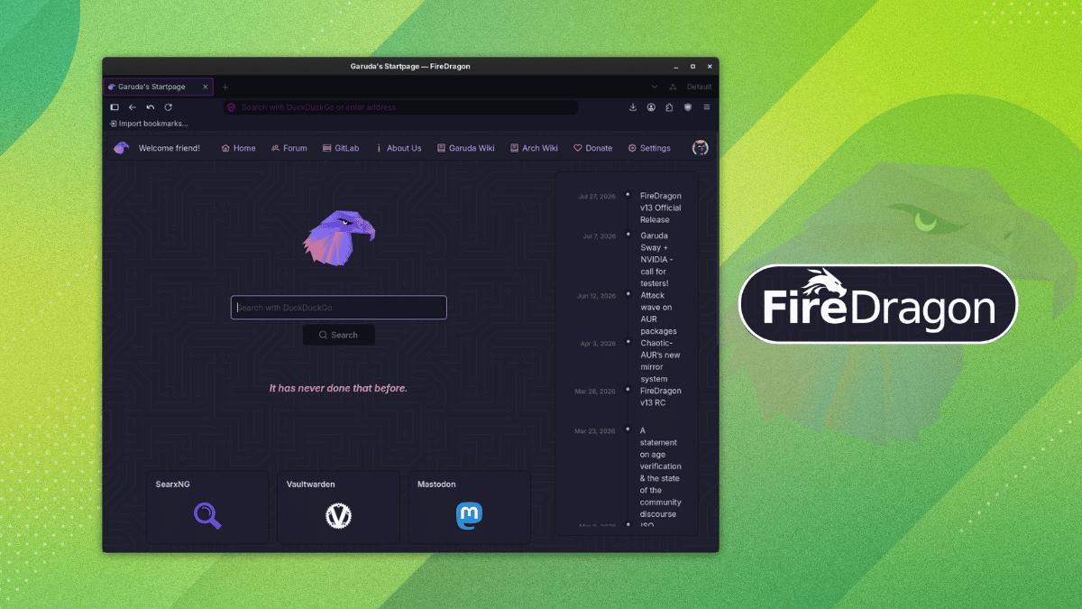on the left is a screenshot of firedragon, on the right is its logo with the garuda linux eagle in the background