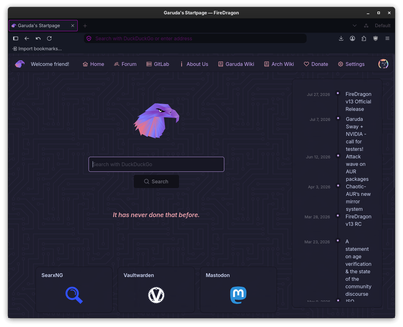 a fresh firedragon browser installation that has many user interface elements visible, and a timeline of its development on the right-hand side