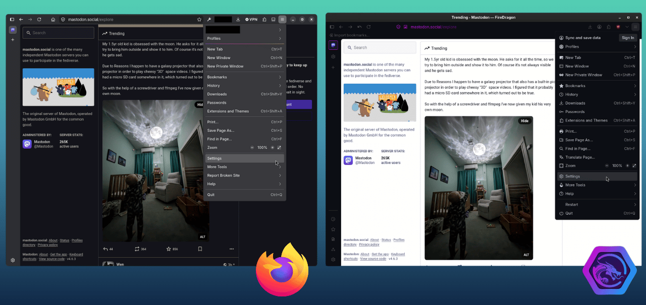 on the left is a screenshot of firefox with its hamburger menu open, on the right is a screenshot of firedragon browser with its hamburger menu open