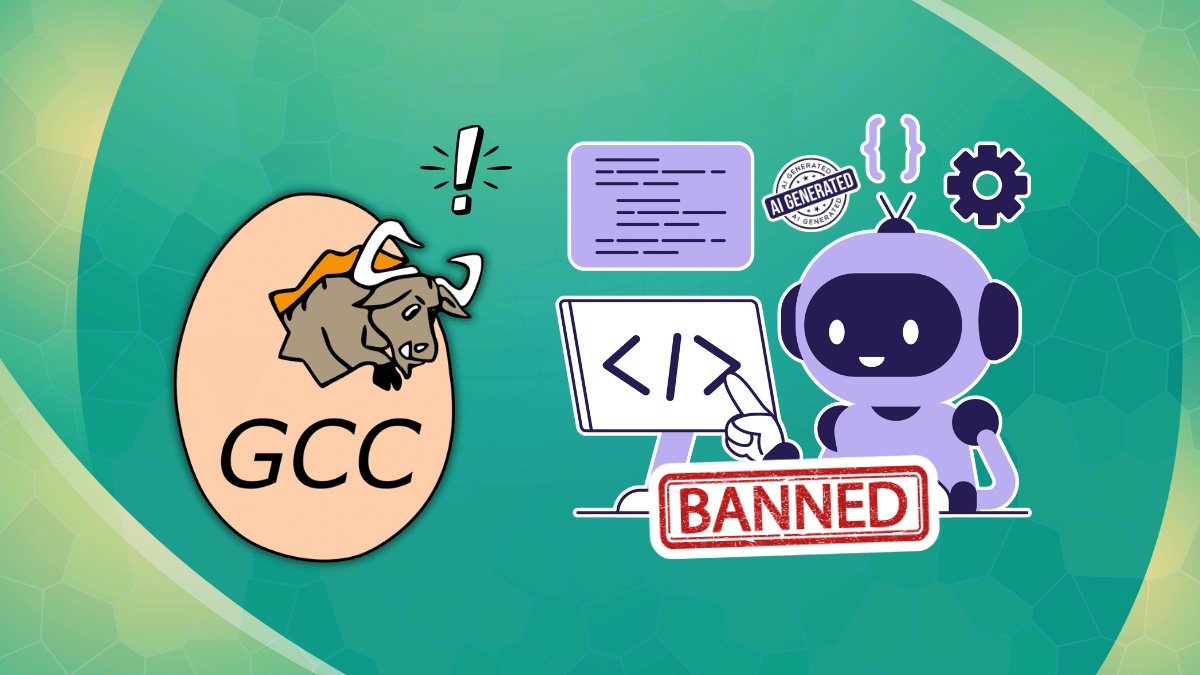 gcc logo, an illustration showing a robot working on a computer with a banned sticker on it