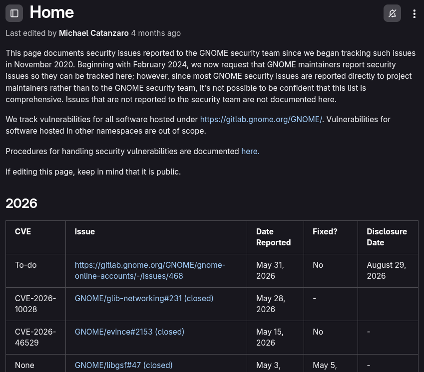 a document titled home is shown here, which lays out the current security issues that are being tracked in gnome