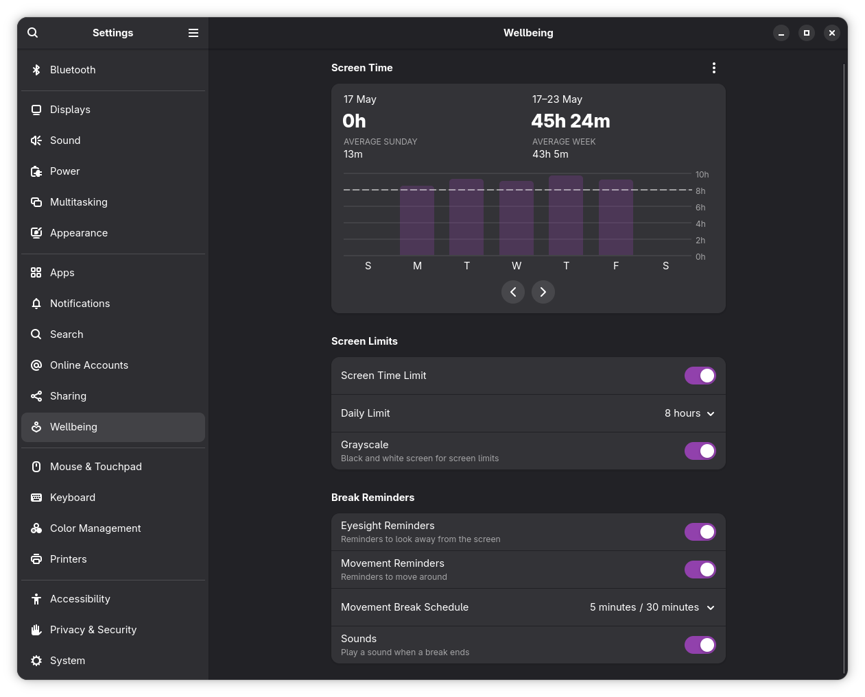 the gnome-settings app's "wellbeing" page is shown here, with many buttons enabled