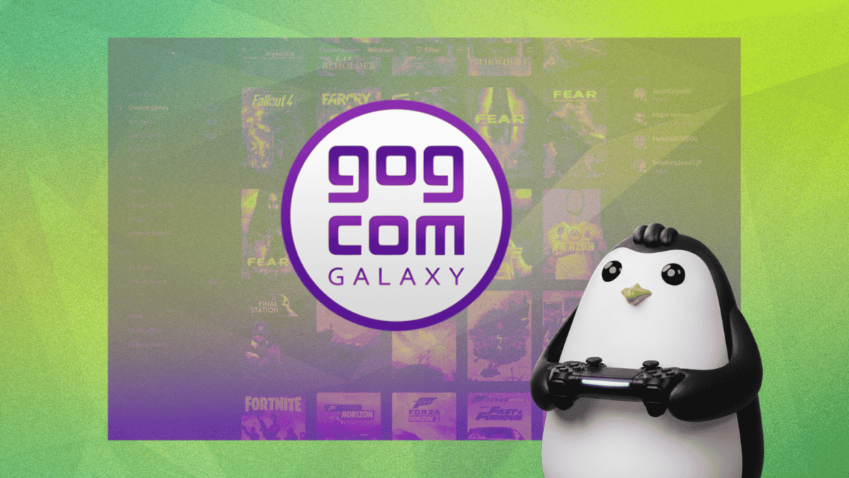 gog galaxy banner illustration with a gamer penguin handling a controller