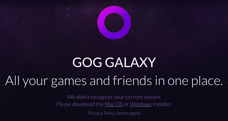 a cropped picture showing what the gog galaxy website shows when accessed from a linux system (shows it doesn't recognize the current system)