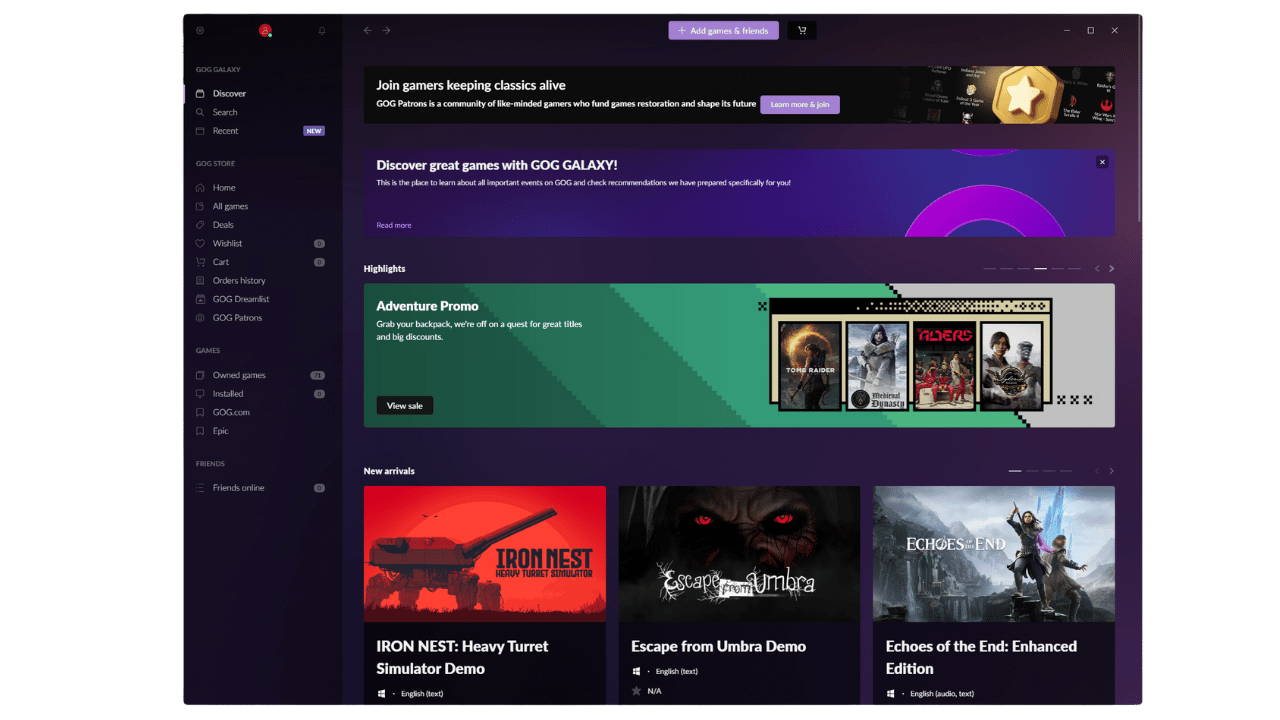 the gog galaxy interface has many game listings and a lot of elements (buttons) that help navigate the game library