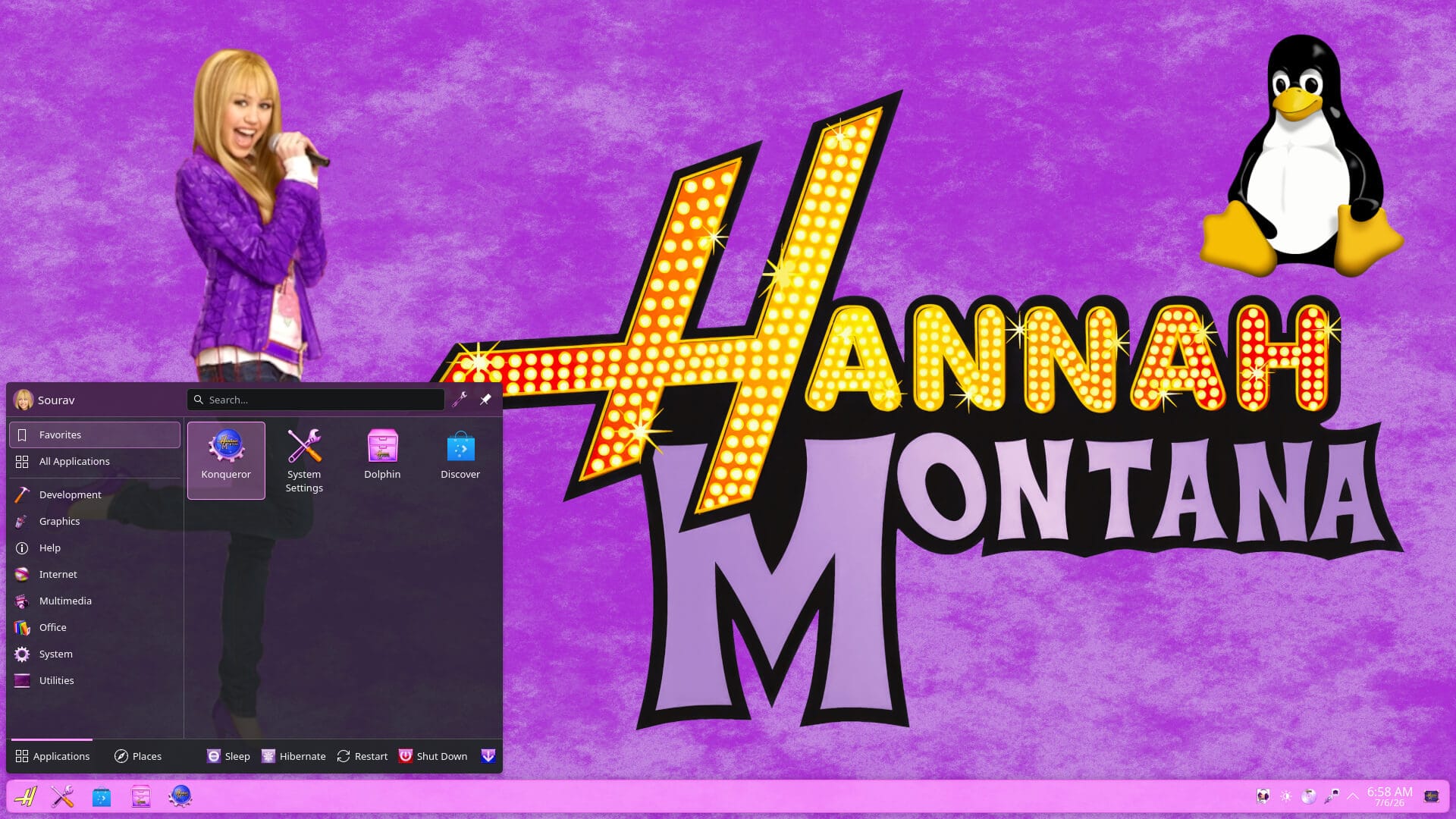 a kde plasma interface with pink themeing all over is shown here with the app launcher open and a linux-themed hannah montana wallpaper in the background