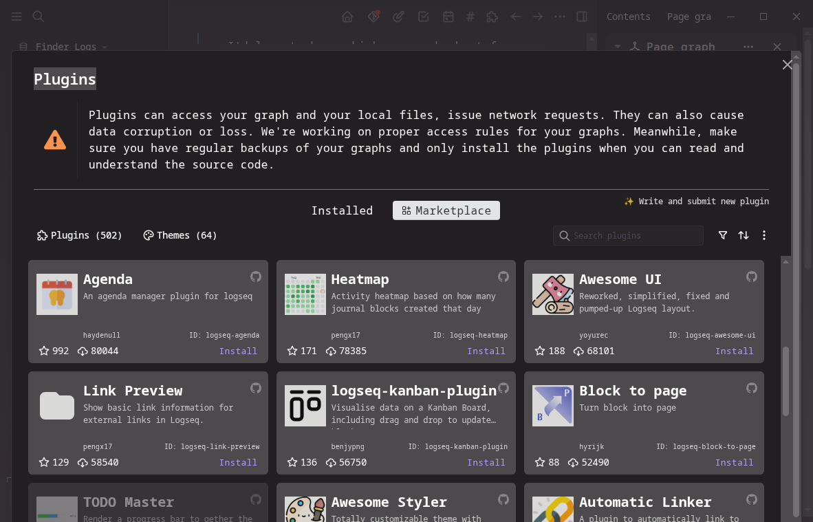 Logseq plugin marketplace with 500 plus community plugins.